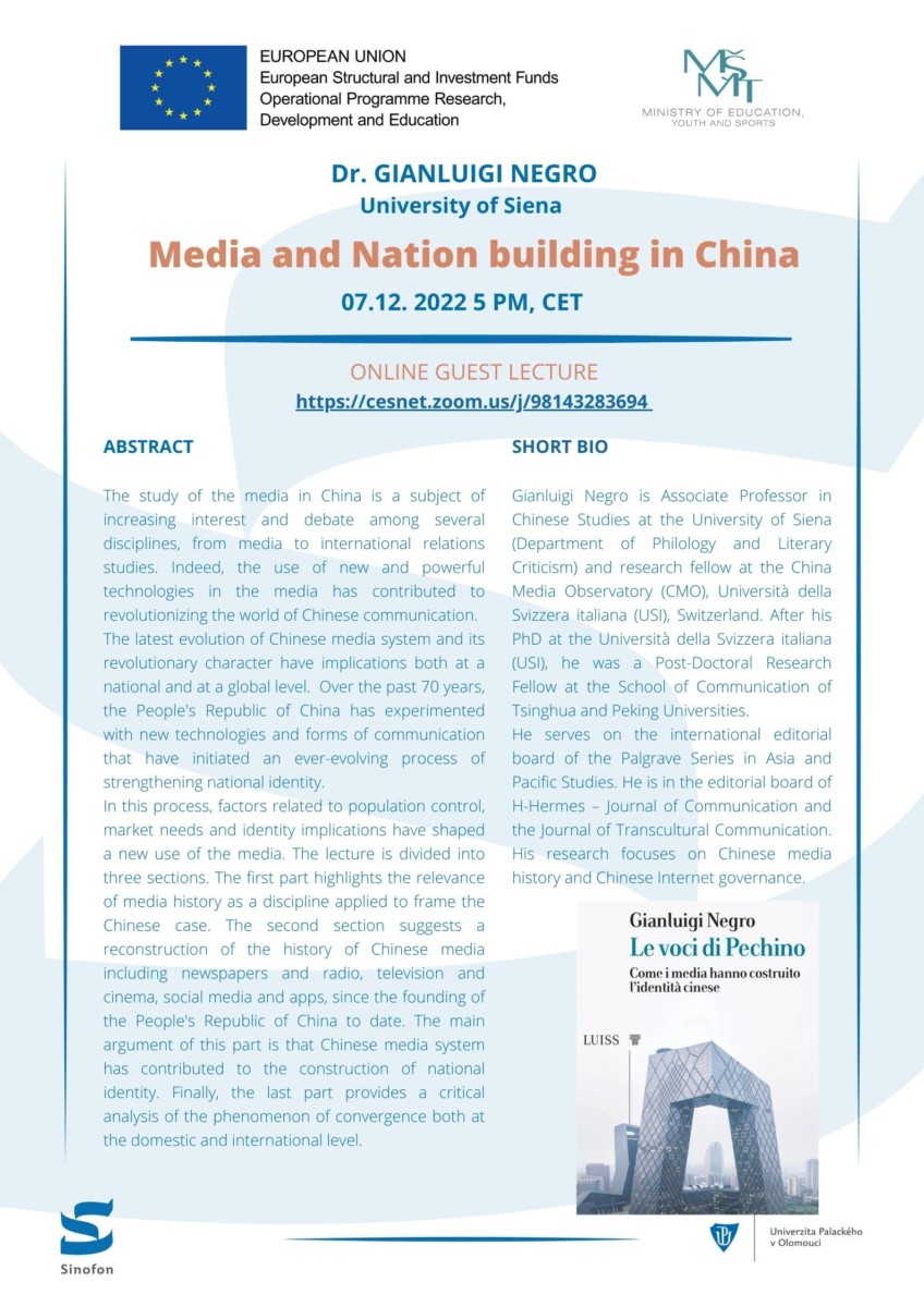 ONLINE GUEST LECTURE by GIANLUIGI NEGRO: Media and Nation building in China